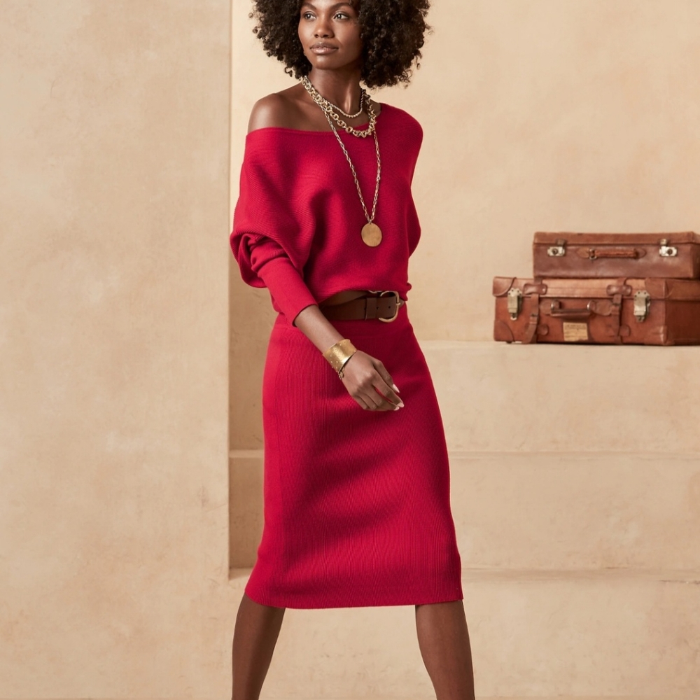 Banana Republic, off the shoulder dress.  Size M, color Red Sunset.